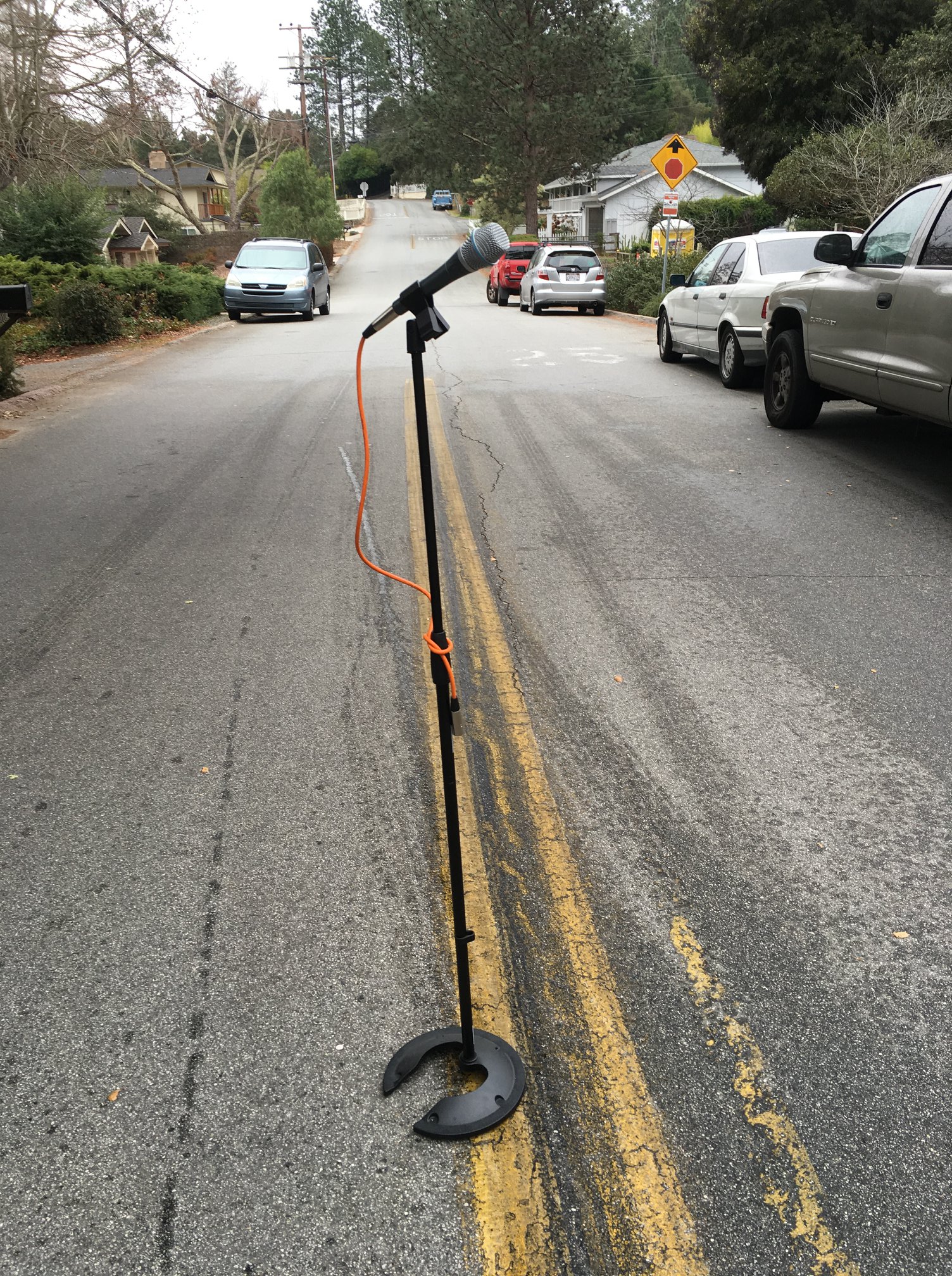 Microphone stand in the middle of a quiet street